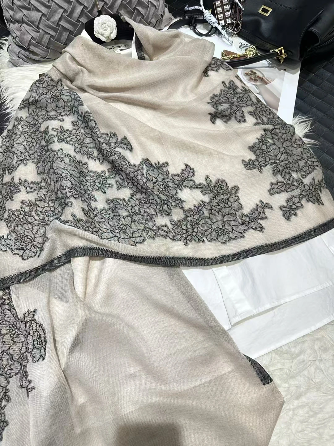 Elegant Winter Pashmina Scarf Wrap with Embroidered Design - Multiple Color Options