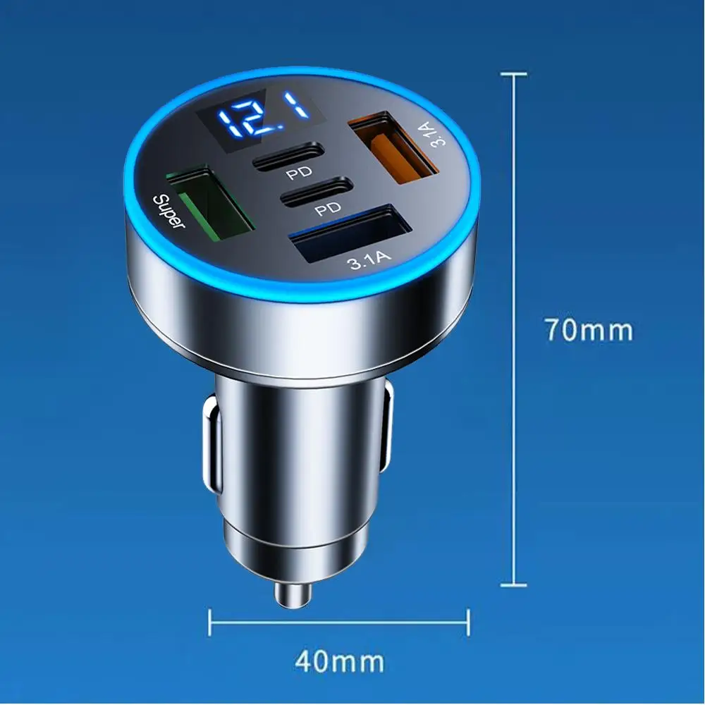 Adattatore per caricabatterie da auto QC3.0 5 in 1 con doppia porta PD e ricarica rapida USB con display di tensione per iPhone, Samsung, Huawei_voghion.com