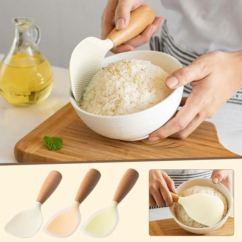 Silicone Rice Spoon Non-stick Cooking Spoon Anti Scalding Paddle Shovel Spatula Wooden Handle For Tableware Kitchen Gadgets