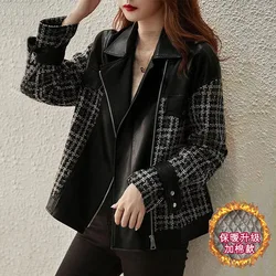 New Women's PU Leather Jacket Autumn Winter Plus Cotton Warm Leather Coat Splicing Basic Coats Female Casual Motorcycle Jackets