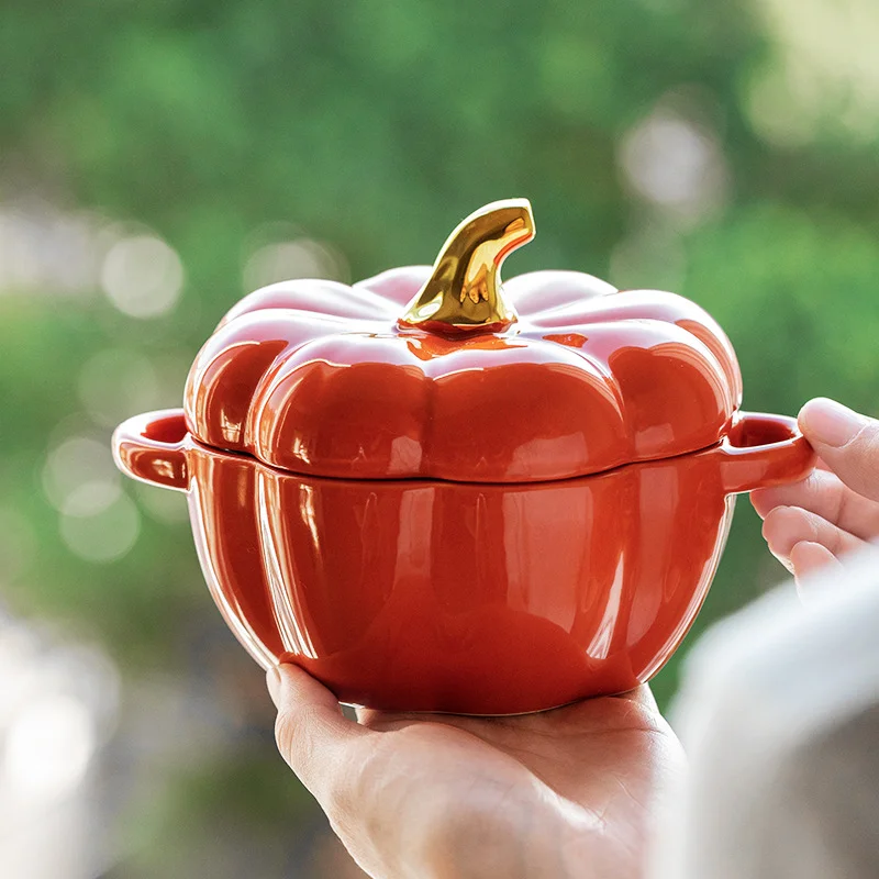 

Pumpkin Shape Bowl With Lid Ceramic Soup Salad Cereal Bowl Bakeware Oven Baking Pan Kitchen Novelty Party Festival Decoration