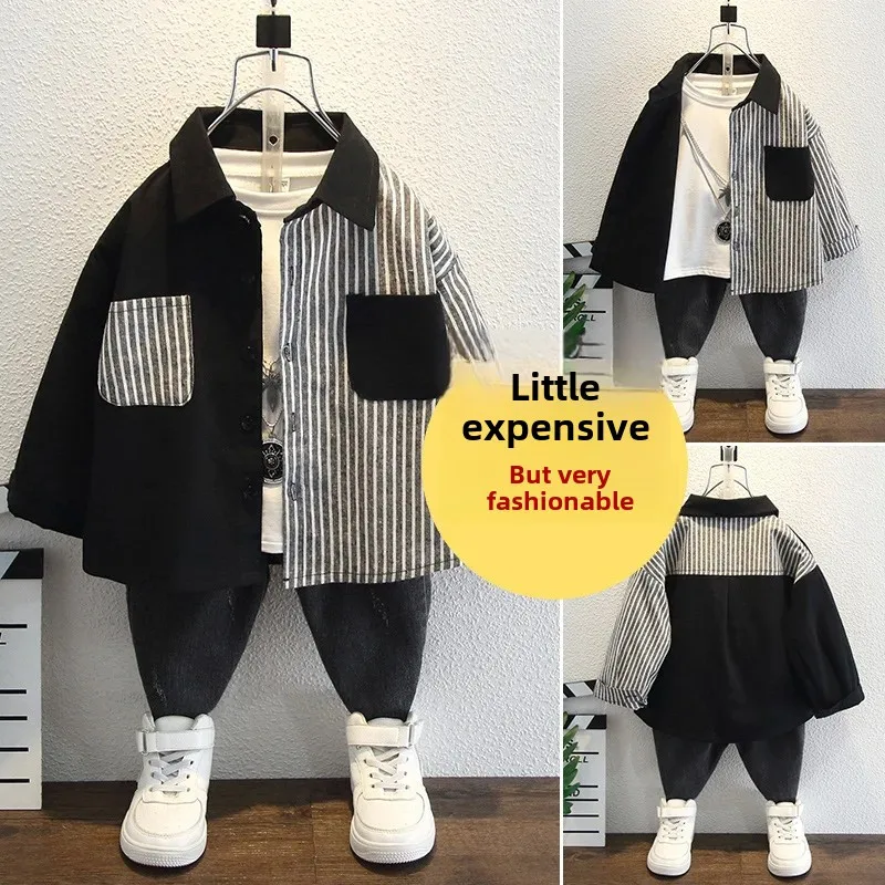 Spring Fashionable Striped Long Sleeve Shirt for Boys Children's Spring Autumn Style Clothing Male Kids Trendy Streetwear Top