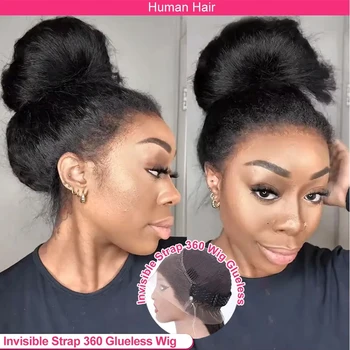 250% Density Invisible Strap 360 HD Full Lace Glueless Wig Kinky Straight Frontal Wig Yaki Straight Lace Front Human Hair Wig 1