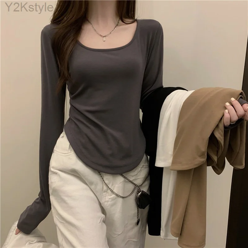 

2023 Women Irregular T-Shirts Long Sleeve Casual Spring Autumn Solid Crop Tops Square Neck Fashion Slim Tees Shirts New