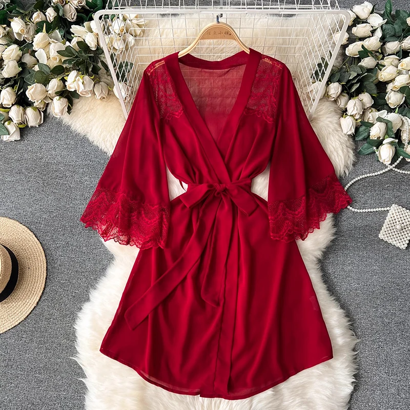 CHILLGIO Sexy Lace Patchwork Women Nightgowns V Neck Sash Nightie Nightwear Club Casual Fashion Loose Transparent Pajamas Dress