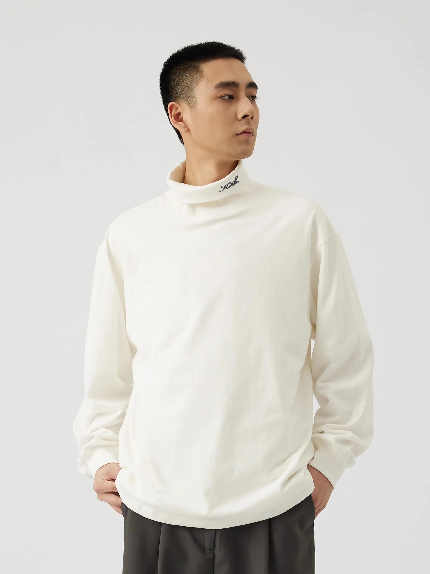 KITH 24 Autumn High Collar Long Sve Embroidered Logo Casual Pure Cotton Base Layer T-irt Men's Comfortable Warm Underwear