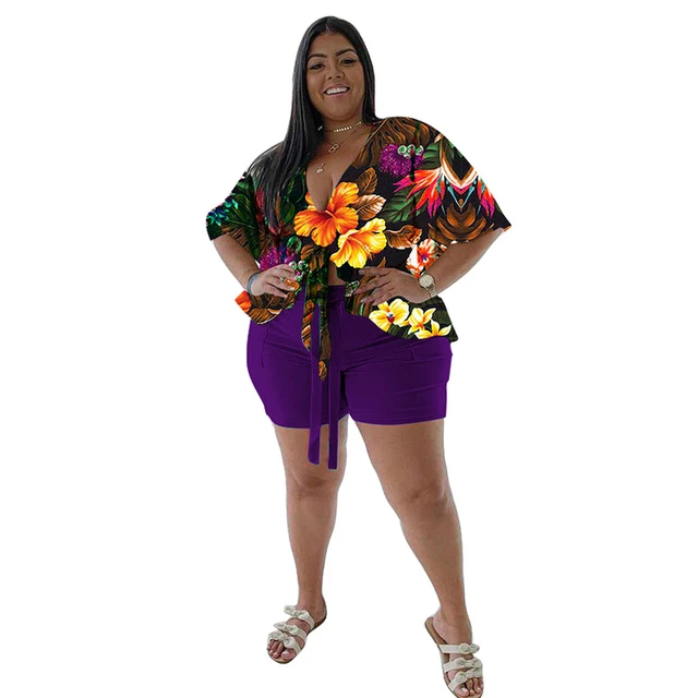 Wsfec 2023 Spring Summer Plus Size Women Clothing Two Piece Sets Loose  Printing Beach Shirt And Short Suits Sexy Female Outfits - Plus Size Sets -  AliExpress