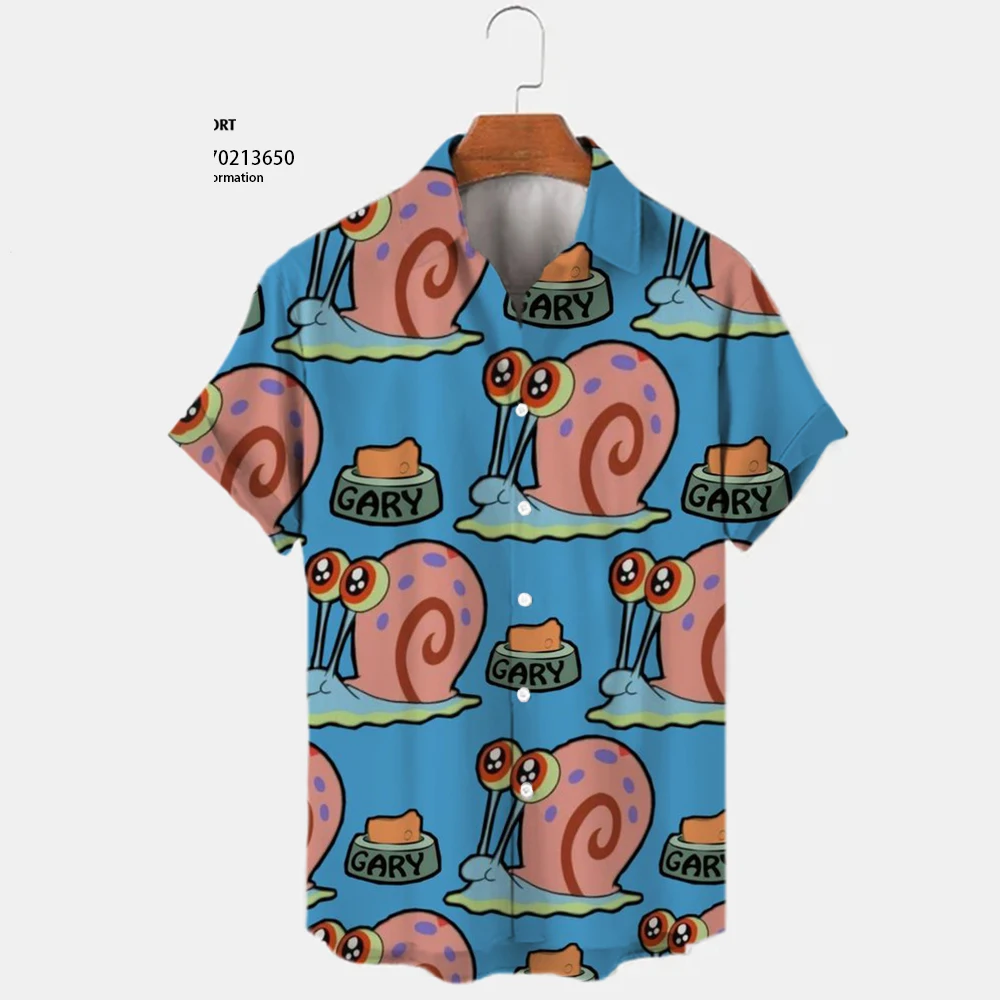 2024 Summer New Harajuku Casual Shirt Cute Spongebob Anime Street Trend Versatile Men's Lapel Short Sleeve Shirt 3