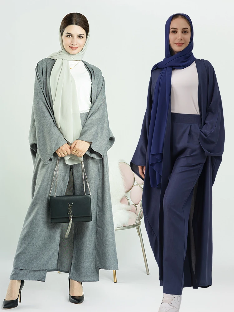 

Рамадан ИД кебая Дубай открытая льняная скромная 2 шт. Абая кимоно кафтан мусульманские строительные комплекты ислам халат женский