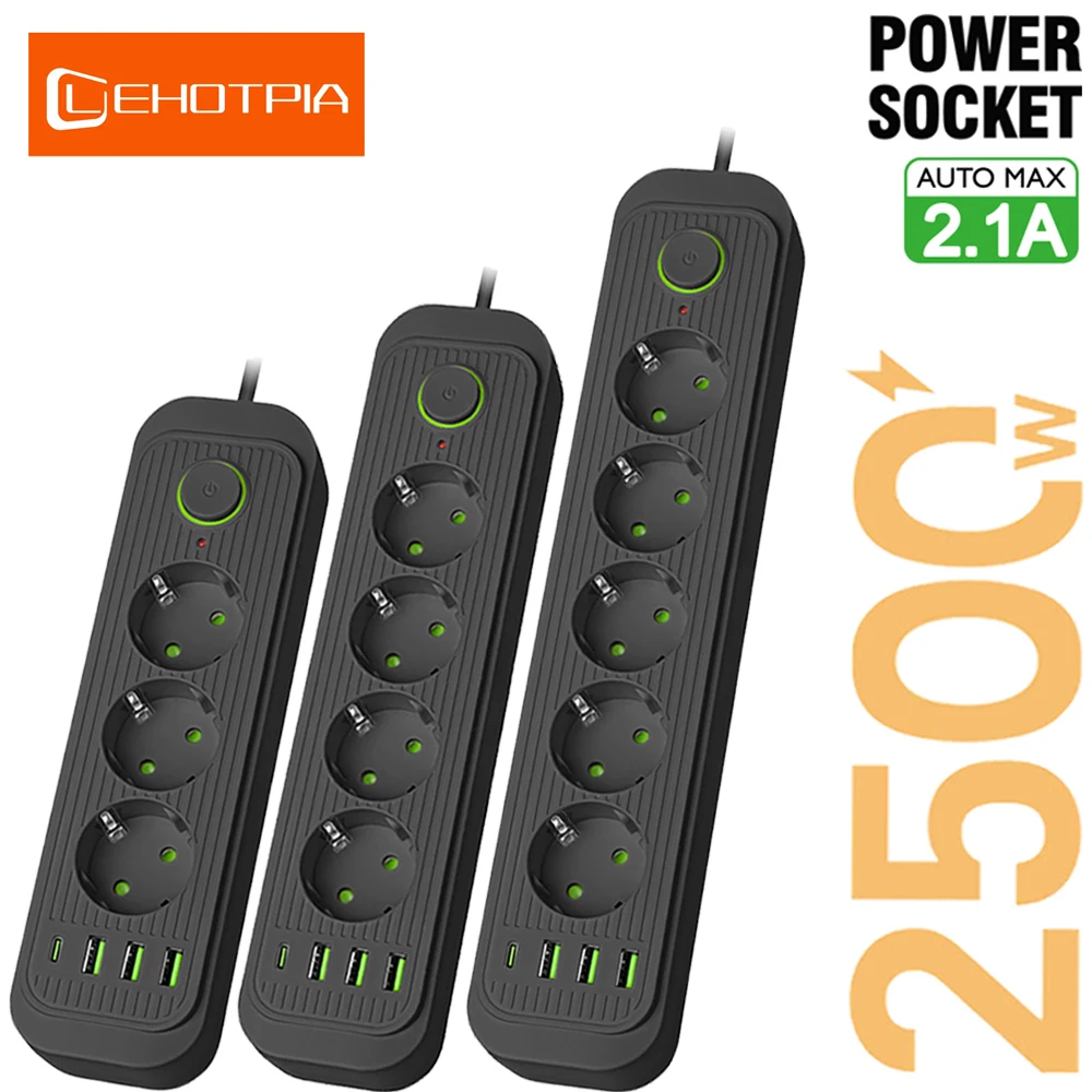 Power Strip EU Plug AC Outlets Multitap Power Strip Socket 2m Extension Cord Electrical With USB Ports Fast Charging Network Filter Adapter