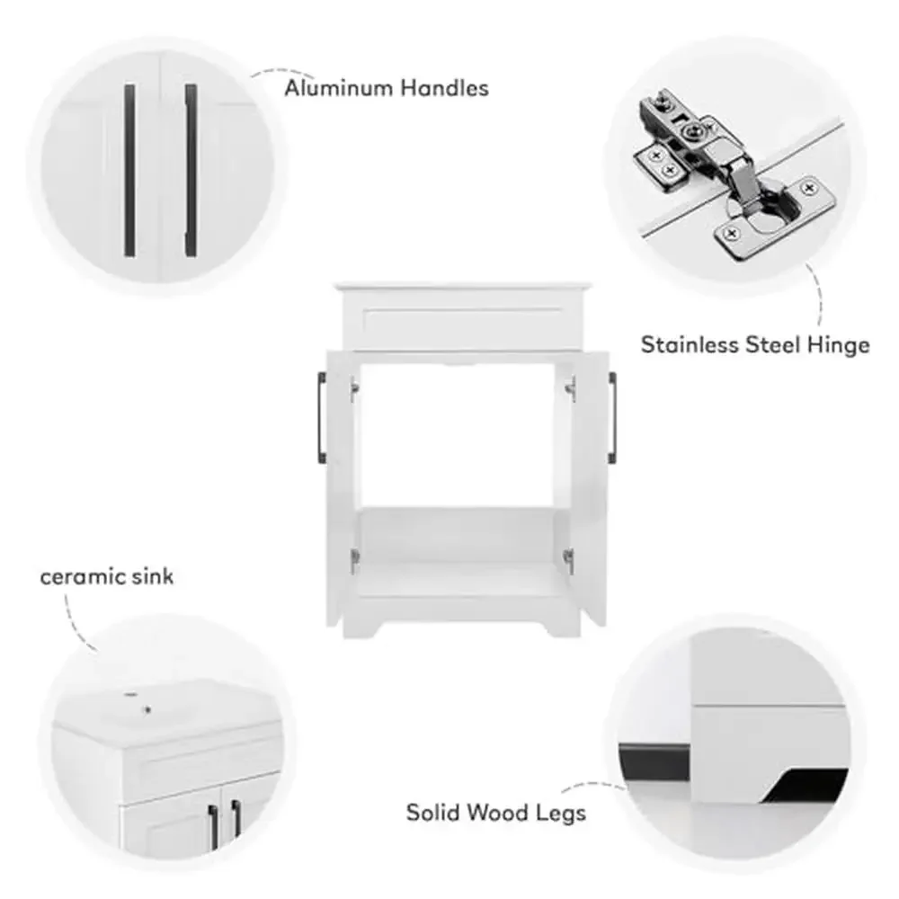 24" White Bathroom Vanity Cabinet Ceramic Sink Combo Double Door Storage Matte Black Faucet Freestanding Modern Style Oversize 3
