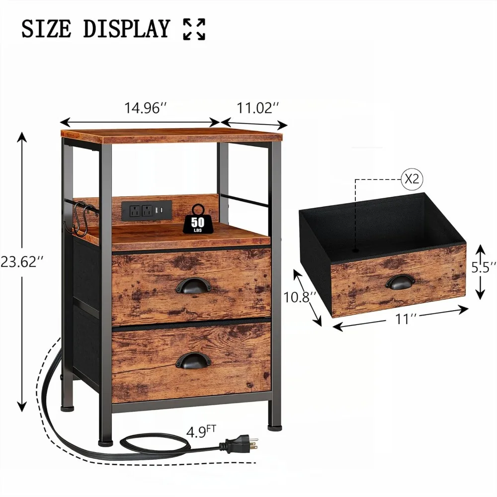 Nightstand Set of 2, Charging Station and USB Ports, Side Tables with 2 Fabric Drawers, Bedside Tables 3