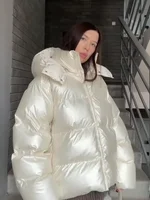 Fashion Shiny Hooded Cotton Jacket For Women Solid Long Sleeve Zipper Pockets Coats Lady 2026 Winter Street Warm Chic Outerwear