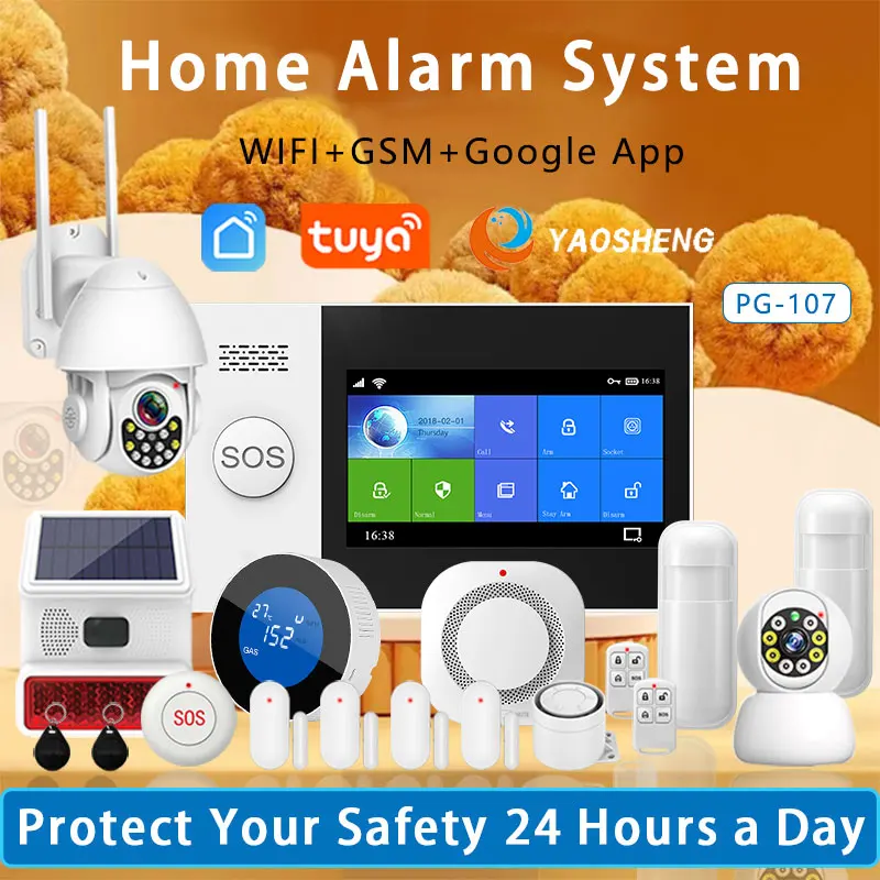 YAOSHENG PG-107 TUYA WiFi 433MHz Wireless Home Security Alarm System 4.3-inch Screen App Remote Control Wireless Home Alarm Kit