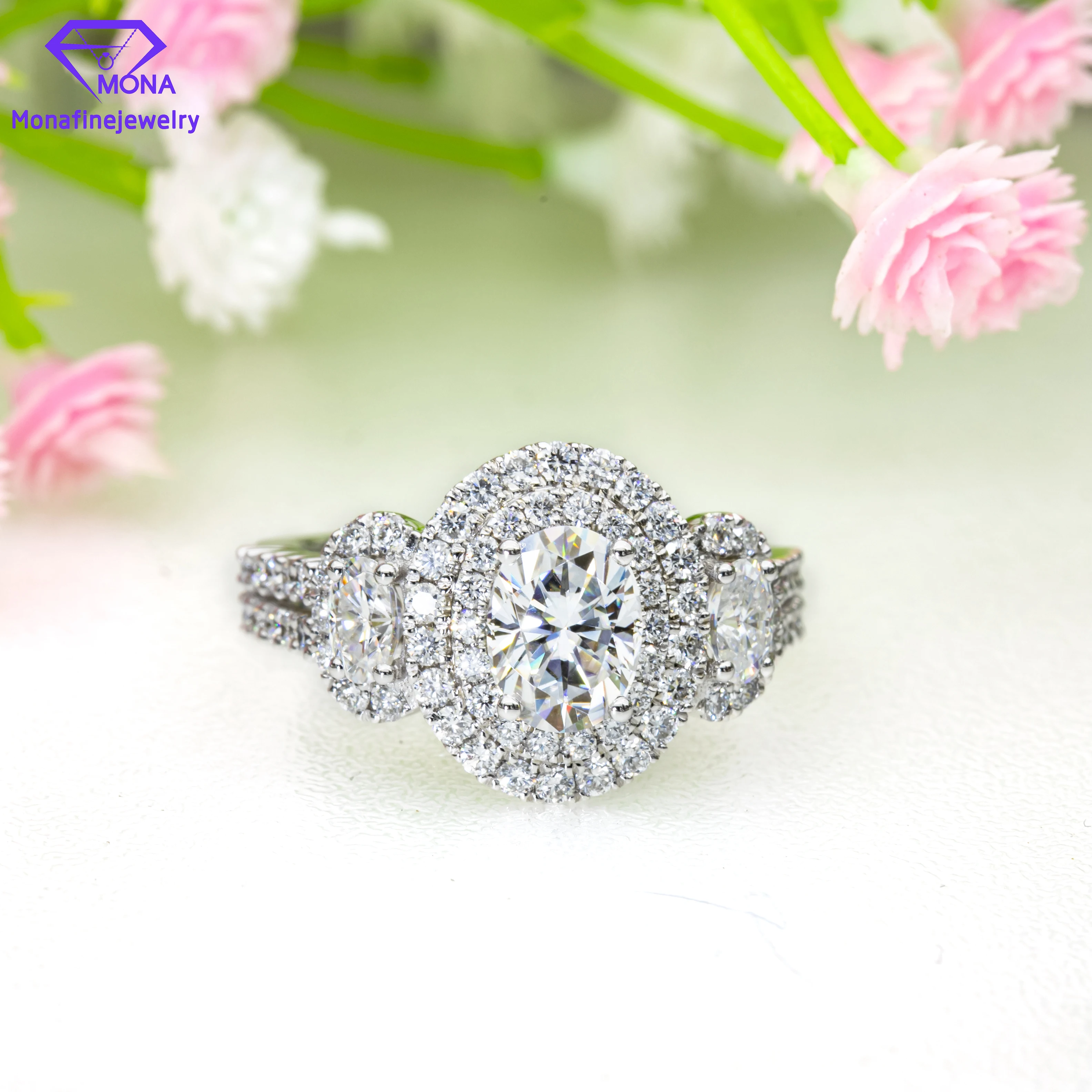 

Luxury Custom made White 9K Gold 3 Stone Oval Shape Main Stone 2ct 7x9mm With Double Halo Full Eternity Moissanite Ring