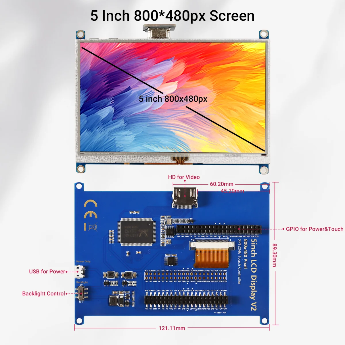 For Raspberry Pi Zero/Zero 2W 5 Inch Touch Screen RR050P 800x480 TFT Display ILI6122+ILI5960 Driver IC for DIY Projects
