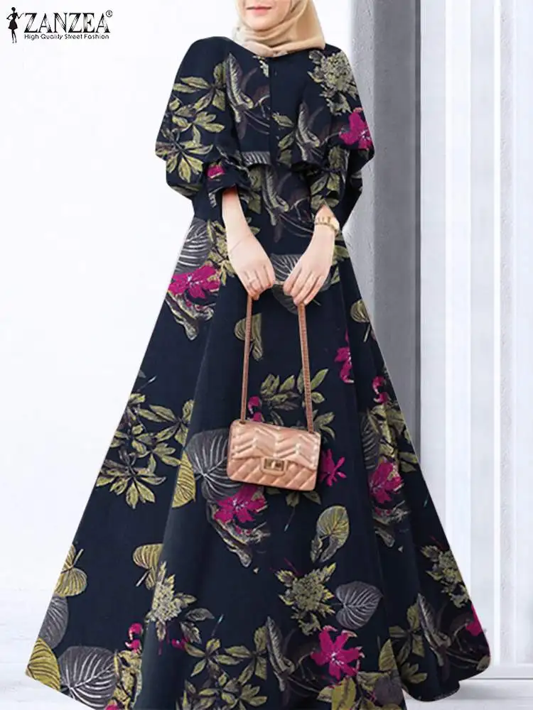 ZANZEA Women Floral Printed Muslim Dress O-Neck Long Sleeve Jilbab Abaya Robe Bohemian Elegant Casual Loose Holiday Maxi Dresses