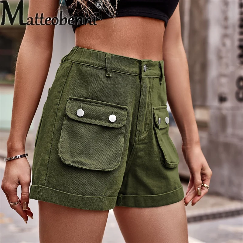 Fashion Street Three-dimensional Pocket Splicing Button Denim Shorts Women's Casual Overalls Female Straight Three-quarter Pants