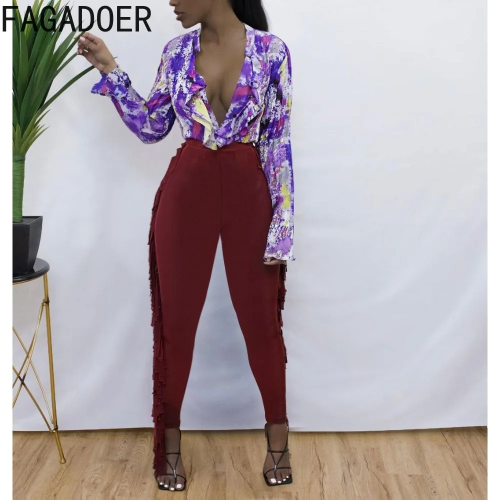 FAGADOER Autumn Winter Tassels Skinny Pants Women High Waisted Trousers Casual Lady Solid Color Sporty Matching Bottoms 2023 New