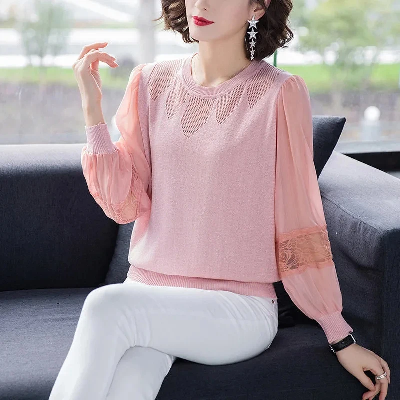 

Hollow Out Korean Top Elegant Chiffon Lace Patchwork Knitted Pullovers Women Spring Casual Loose Lantern Sleeve Knitwear Fashion