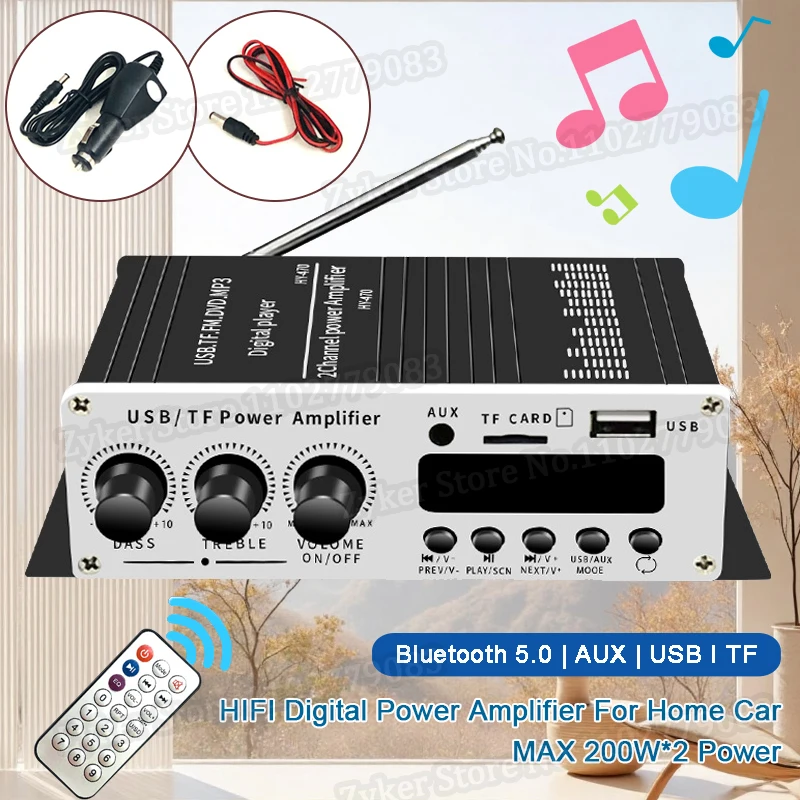 12V Mini Digital Bluetooth 5.0 Power Amplifier Blue Light Stereo Audio Amplifier for Home Theater Car Club Party USB Card FM AMP