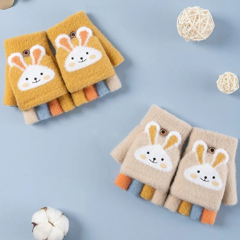 Children Five Finger Gloves Winter Boy Thickened Half Finger Mittens Girl Kid Knitted Mitten Cartoon Warm Flip Gloves