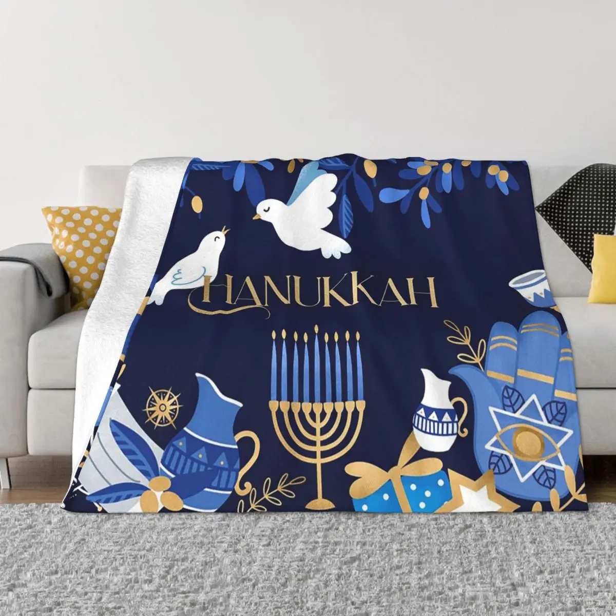 

Happy Hanukkah Jewish Menorah Fleece Blanket Religious Funny Throw Blankets for Home Hotel Sofa 125*100cm Plush Thin Quilt