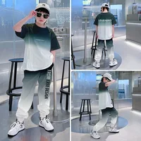 ملابس صيفية للأولاد المراهقين لعام 2025 ملابس غير رسمية للأطفال بدلة رياضية متدرجة للأطفال تي شيرت + ربطة عنق للكاحل 4 5 6 7 8 9 10 12 سنة 1