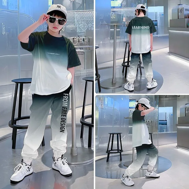 ملابس صيفية للأولاد المراهقين لعام 2025 ملابس غير رسمية للأطفال بدلة رياضية متدرجة للأطفال تي شيرت + ربطة عنق للكاحل 4 5 6 7 8 9 10 12 سنة 1