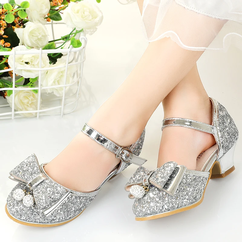 Girls Mary Jane Bow Low Heels Shoes Kids Shiny PU Wedding Party Birthday Party Kid Princess Dress Shoes