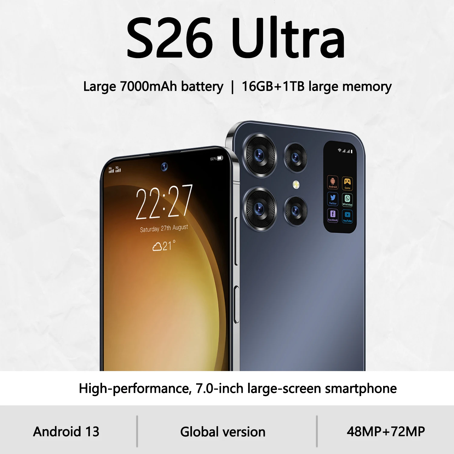 Nuovo S26 Ultra Smartphone 5G 7.0 Pollici 16G + 1T Dual Sim Phone Android13 48Mp + 72Mp 7000Mah Global Editionphone Gaming Phone