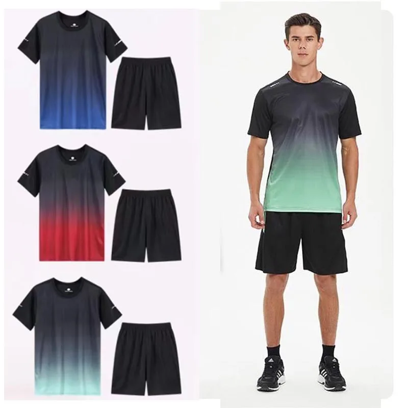 Fitness Clothes Ice Silk Quick Drying T-shirt Suit Men Short Sleeve Running Sportswear Shorts Tracksuit Gym Sports Training Sets