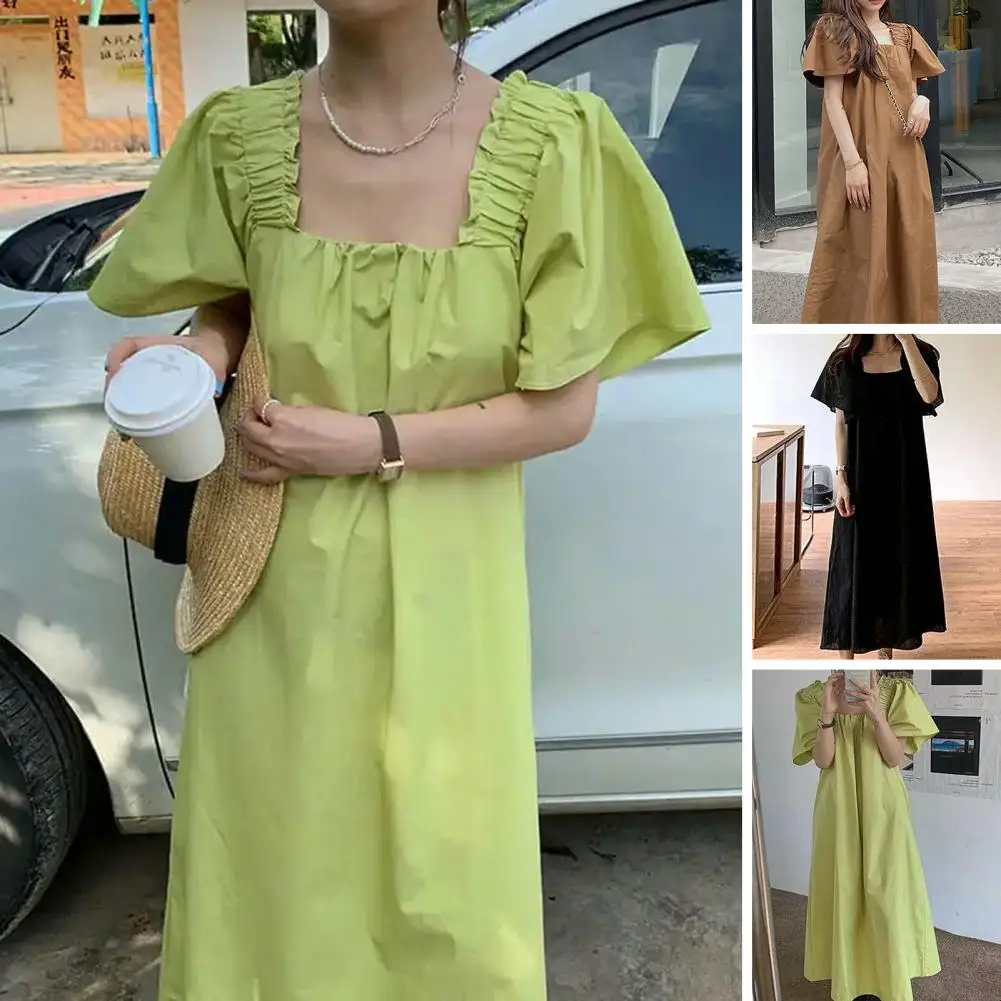 

High Waist Dress Vintage Square Neck A-line Midi Dresses Chic Bubble Sleeves Sweet Puff Sleeve Styles For Women's Summer Fashion