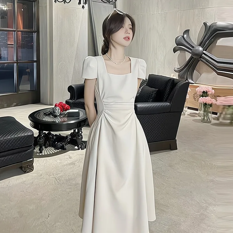 

2023 Women Short Sleeve Dress Square Collar Tight High Waist Elegant A Line Long Dresses Casual Slim Pullover Summer