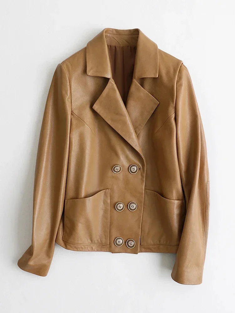 thumbnail image 1 of Chaqueta de cuero genuino para mujer, chaqueta de primavera y otoño de 2024, nueva moda, abrigo corto de piel de oveja con cuello entallado y cruzado, 1 of 5