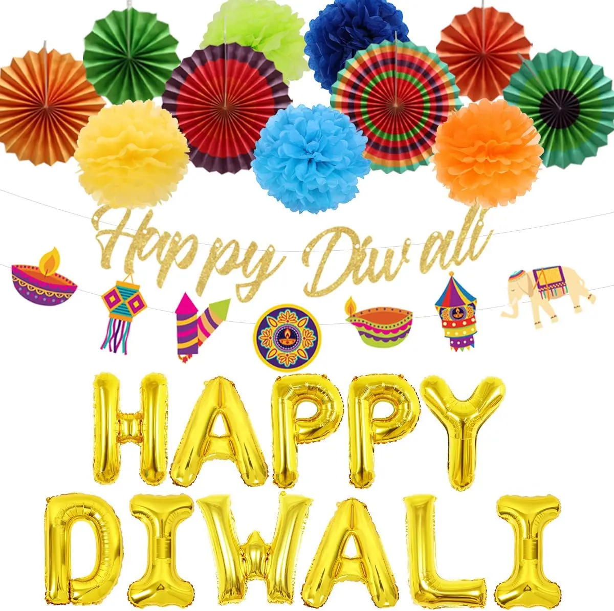 

KREATWOW-Happy Diwali Banner, Paper Fan, Foil Balloons for Diwali Festival, Hindu Light Party Supplies