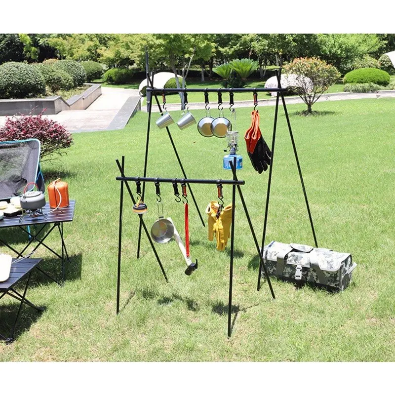 Dobrável Outdoor Camping Hanging Rack, Tripé portátil com gancho, Panelas, Panela, Panela, Lâmpada, Armazenamento de roupas, Pendure Stand