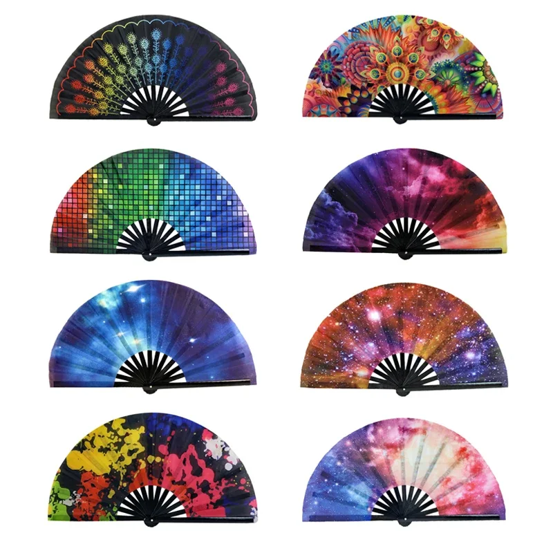 Chinese Style Festival Hand Fan Large Folding Fan Printing Kung Fu Satin Bamboo Bone Gift Wedding Dance Supplies #