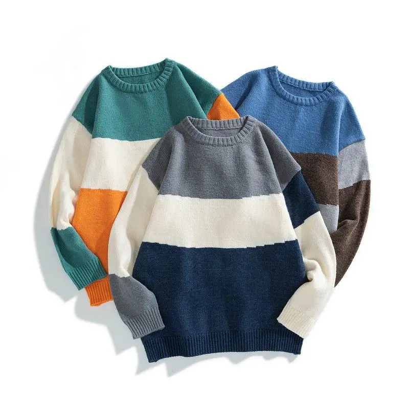 Fall Winter Men's Fashion Loose Three-Color Splicing Sweater Round Neck Pullover Knit Sweater Solid Color Casual Tops