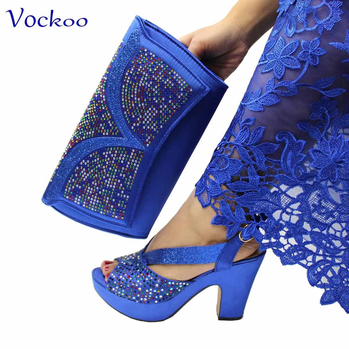 

2024 High Quality New Arrivals African Design Shoes and Bag Set in Royal Blue Color Specials Heels with Shinning Crystal