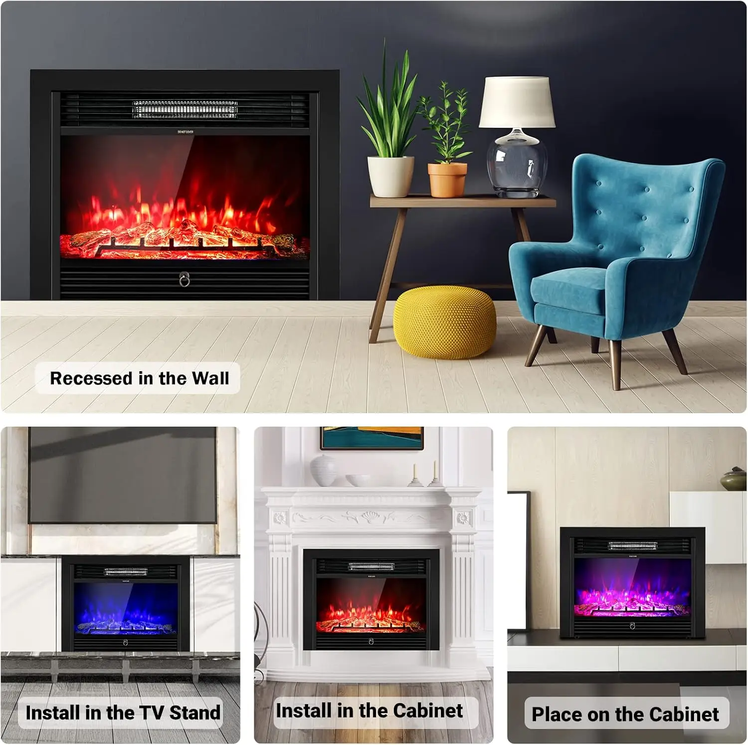 28.5-Inch Electric Fireplace Inserts, 750W/1500W Wall Recessed and Freestanding Fireplace with 3 Flame Colors, 5 Brightness