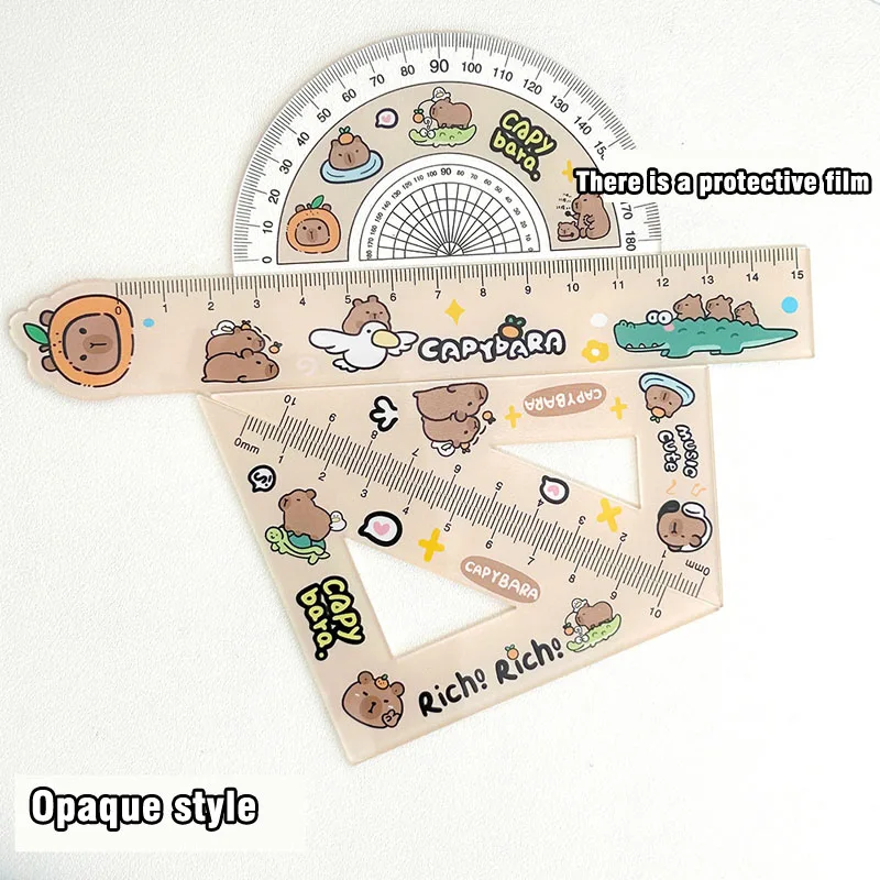 4 PCS Cute Cartoon Capybara Metric Ruler Plastic Straightedge High Appearance Measuring Too Triangle Ruler Student Protractor
