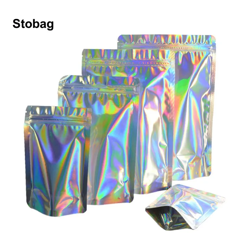 

StoBag 100pcs Transparent Laser Packaging Ziplock Bags Stand Up Sealed Storage for Candy Cookies Food Snack Reusable Pouches