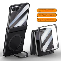 Magnetic Metal Holder with Tempered Glass Film and Full Protection Case - Spring Hinge Cover - Galaxy Z Flip7 (Black)
