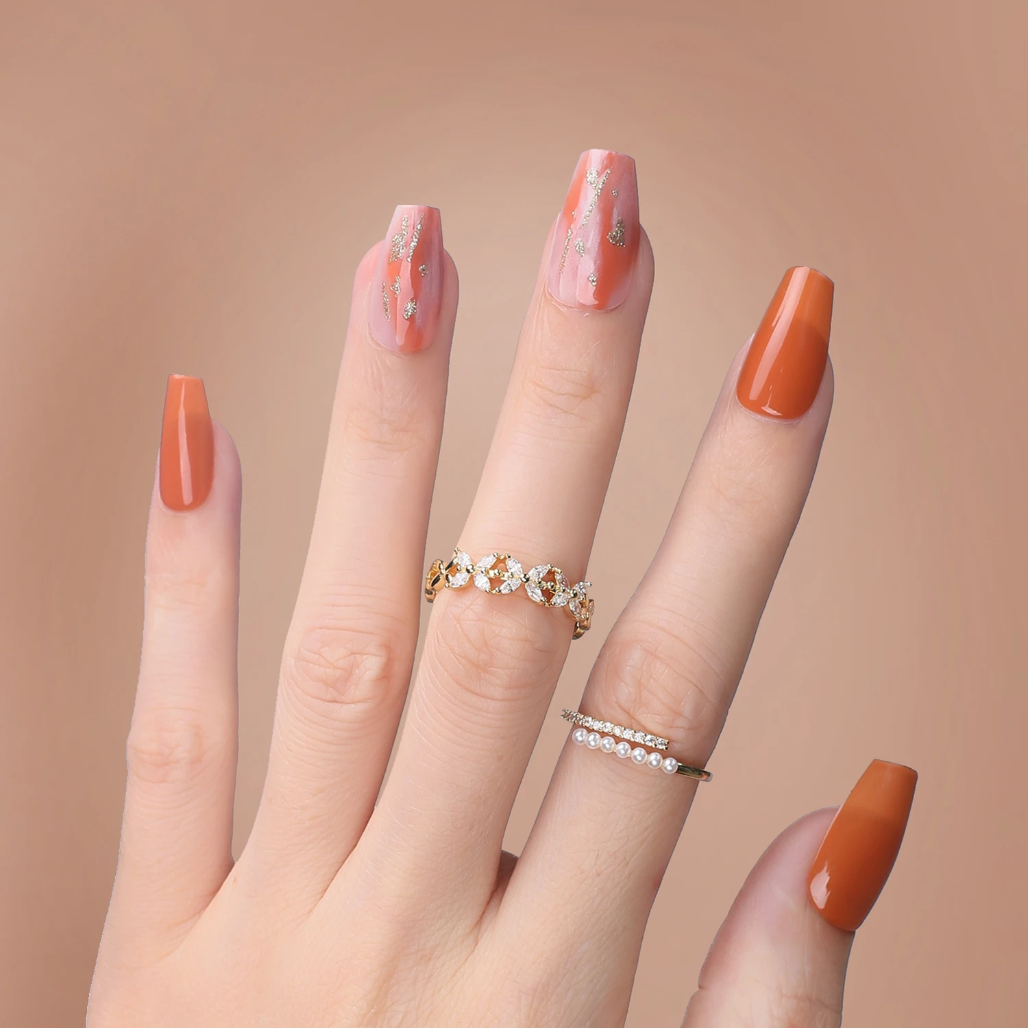 Uñas acrílicas brillantes para Ballet, uñas de Gel de calabaza, caramelo,  Nude, difuminado, oro, purpurina, cuadrado, mármol naranja| | - AliExpress