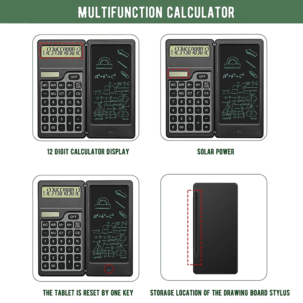 2 IN 1 Foldable Solar Energy Calculator 12 Digits LCD Display with 6 Inch Writing Tablet Pen for Office Business School