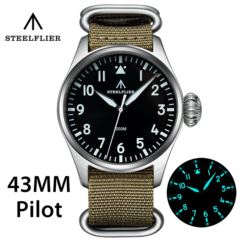 STEELFLIER 43mmパイロットミリタリー 腕時計200m防水 パイロットウォッチ ミリタリー 腕時計 メンズ 40代 50代