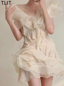 TLIT Abito da donna elegante con balza in garza irregolare Mini Slash Neck Abiti da sera in tinta unita 2025 Primavera Nuovo SK1423