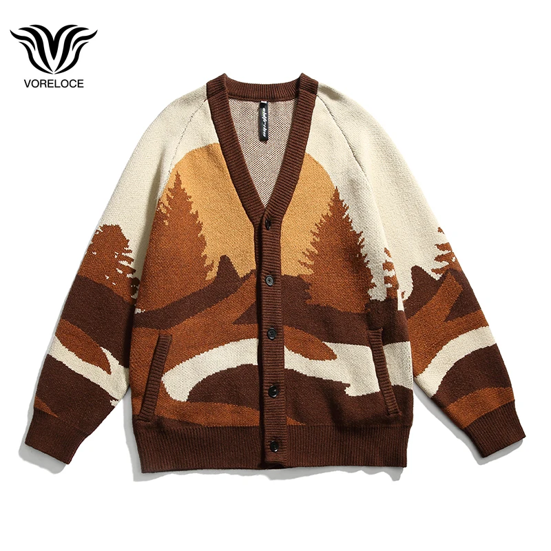 

Original Landscape Plant Jacquard Men's Button Cardigan Sweater Autumn Brand Shin Harajuku Japanese Casual College Style Sweater