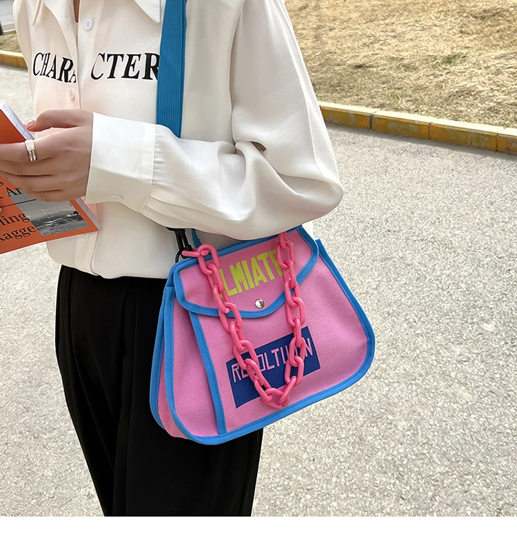 Canvas Women's Shoulder Bag Chain Casual Totes Contrast Color Ladies Crossbody Bag Trend Letter Print Fashion Designer Handbags